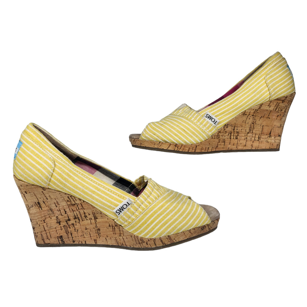 Toms Shoes Womens 6 Baby Yellow Striped Fabric Wedge Cork Heels Peep Toe Slip On